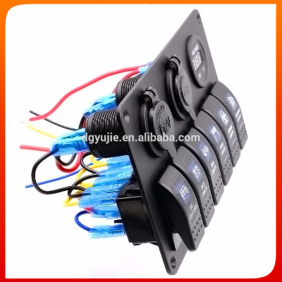Marine/Boat Car Switch Panel 6 Gang with Dual USB Socket and a digital Volmeter& Cigarette Socket 5pin On/off Rocker Switch