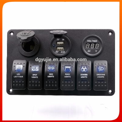 Marine/Boat Car Switch Panel 6 Gang with Dual USB Socket and a digital Volmeter& Cigarette Socket 5pin On/off Rocker Switch
