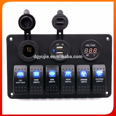 Marine/Boat Car Switch Panel 6 Gang with Dual USB Socket and a digital Volmeter& Cigarette Socket 5pin On/off Rocker Switch