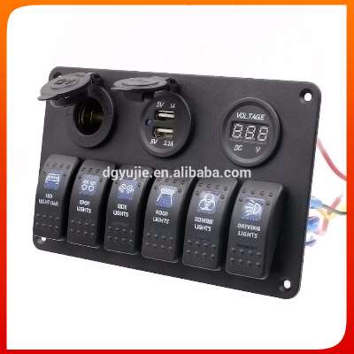 Marine/Boat Car Switch Panel 6 Gang with Dual USB Socket and a digital Volmeter& Cigarette Socket 5pin On/off Rocker Switch